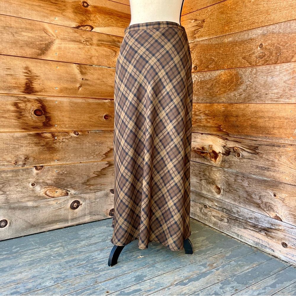 Vintage Nineties Plaid Side Button Brown Black Plaid Lined Maxi Skirt